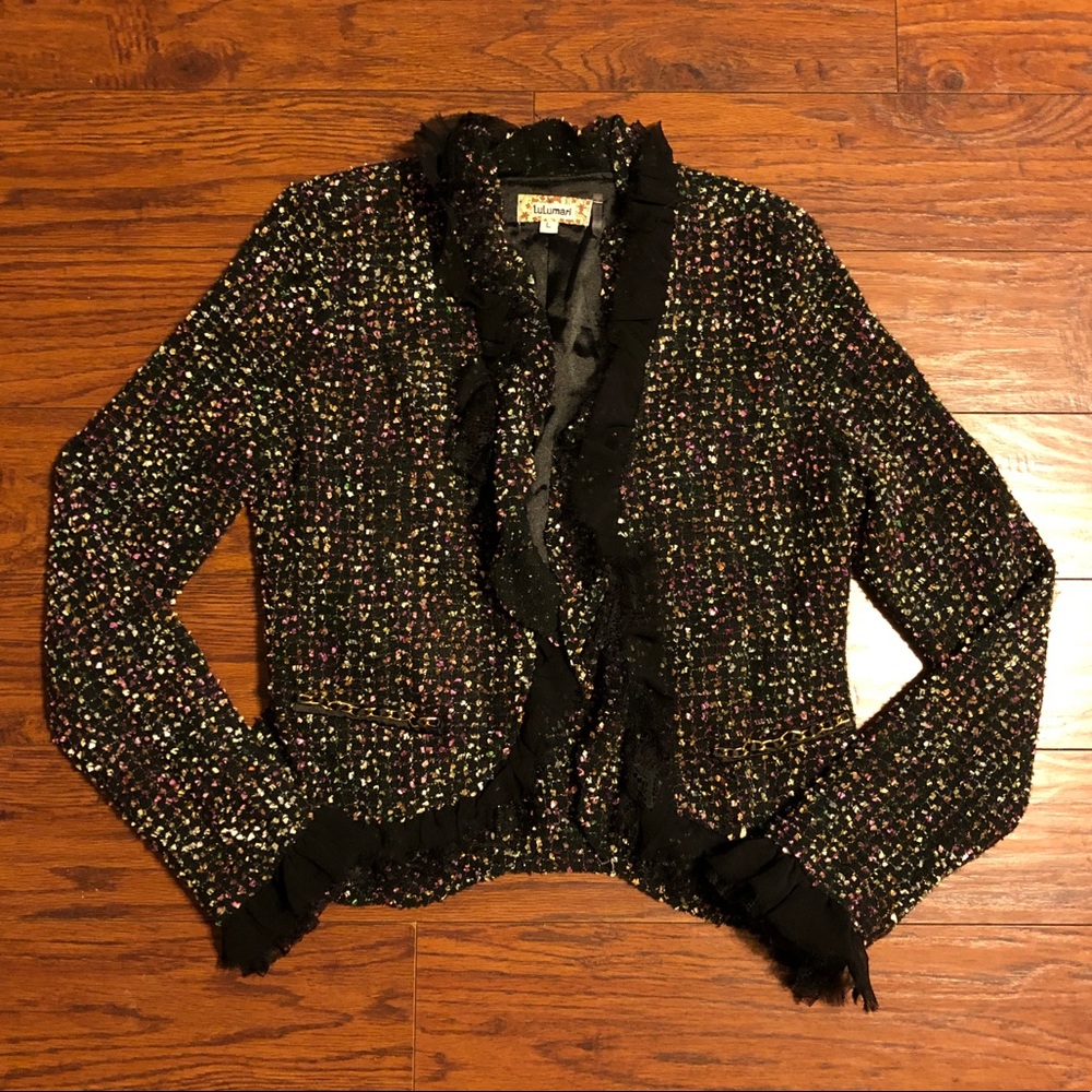 Anthropologie Black Multicolor Ruffle Jacket - Picture 5 of 8